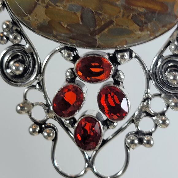 Handmade Silver Pendant With Fossil Coral Gemstone & Faceted Red Garnet Accent - Picture 9 of 10